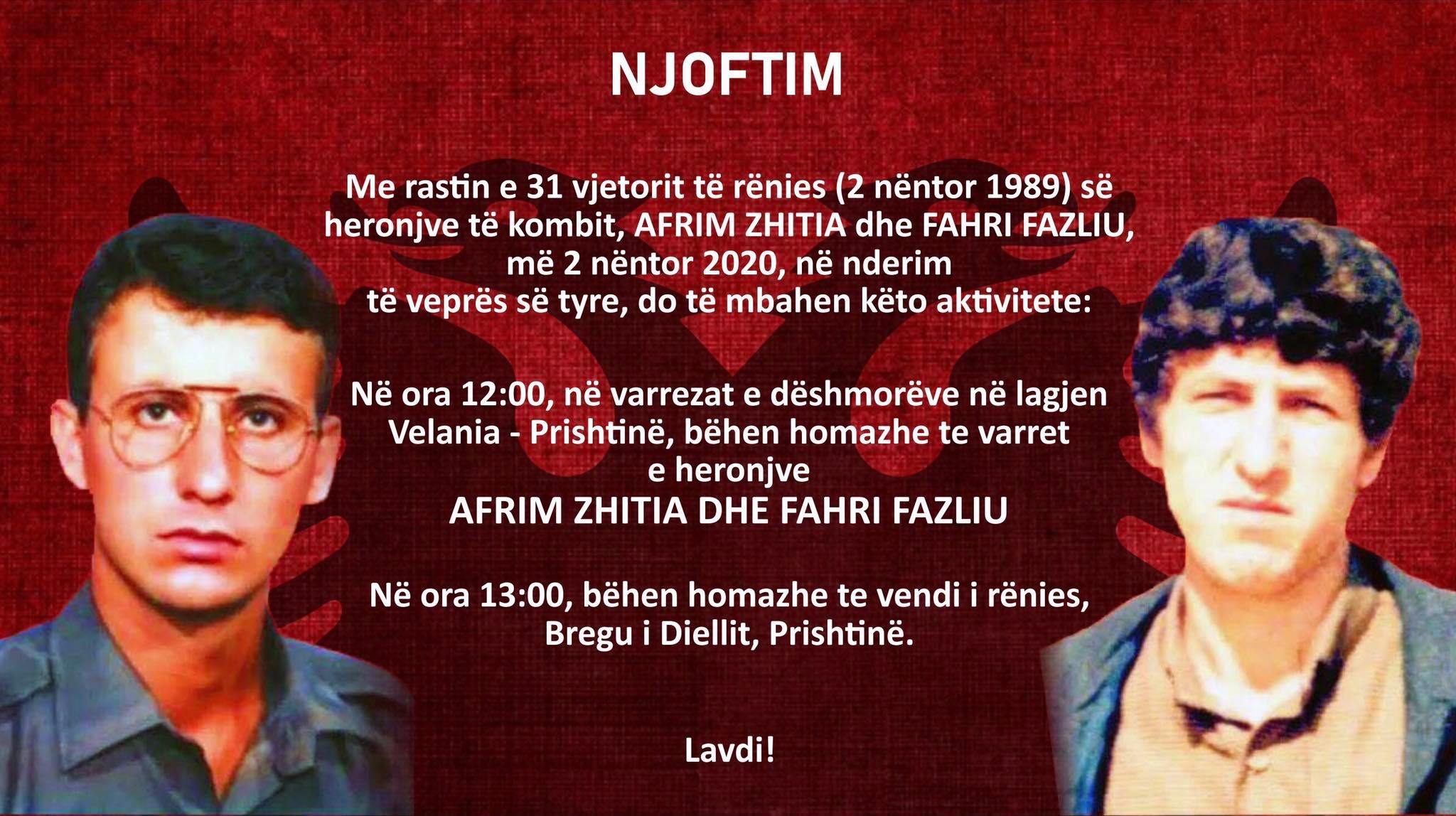  31-vjetori i rënies, nesër përkujtohen heronjtë Afrim Zhitia dhe Fahri Fazliu